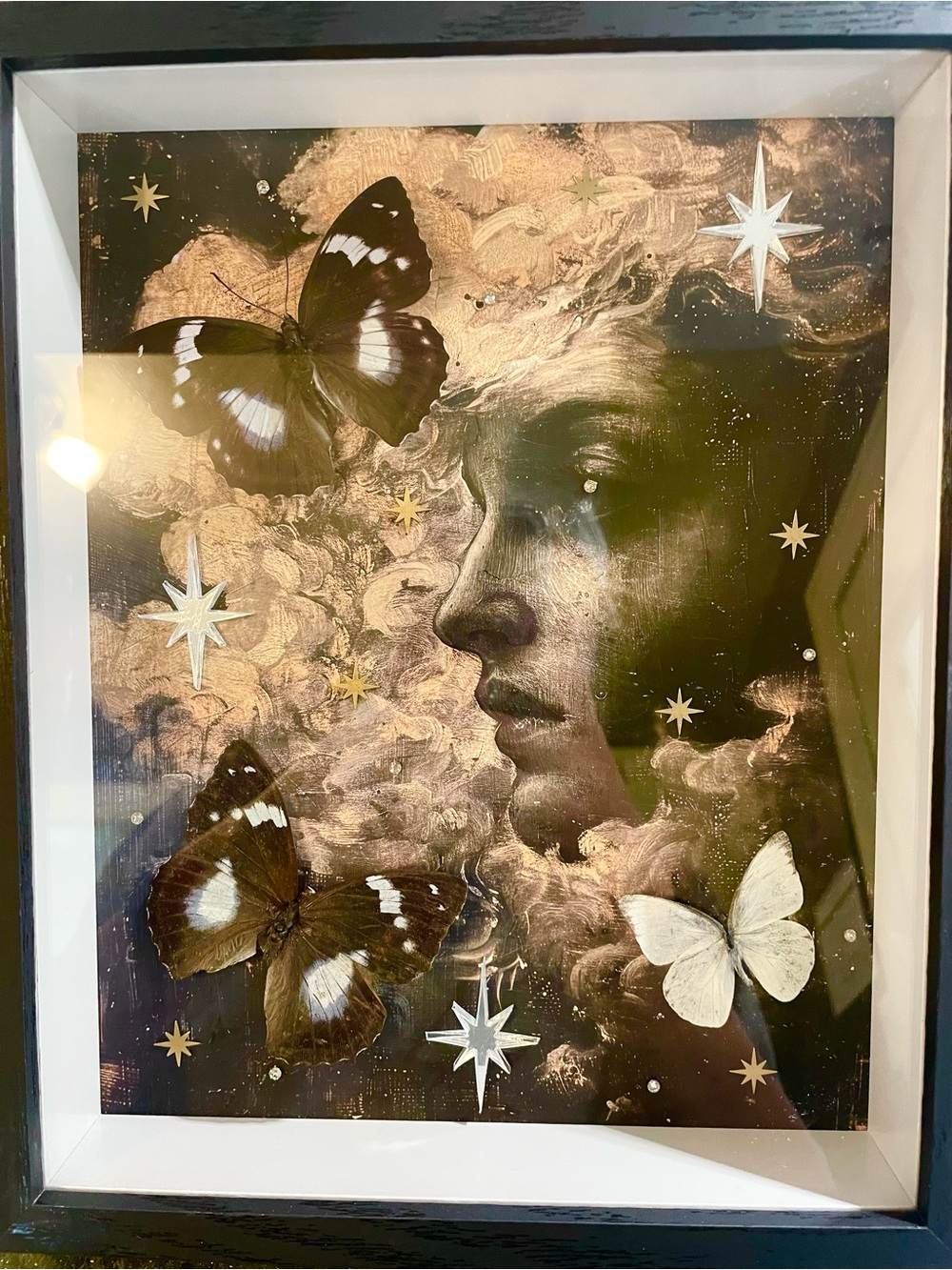Framed Celestial Portrait Art Print with Butterflies - Gold & Black